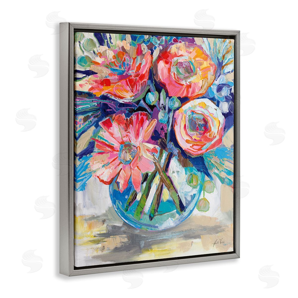 Harpers Bouquet Flowers Grey Floating Frame Canvas Wall Art, Home Decor by Jeanette Vertentes