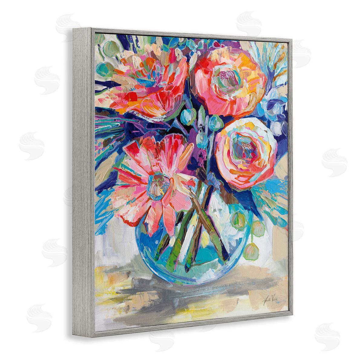 Harpers Bouquet Flowers Grey Frame Print Wall Art, Home Decor by Jeanette Vertentes