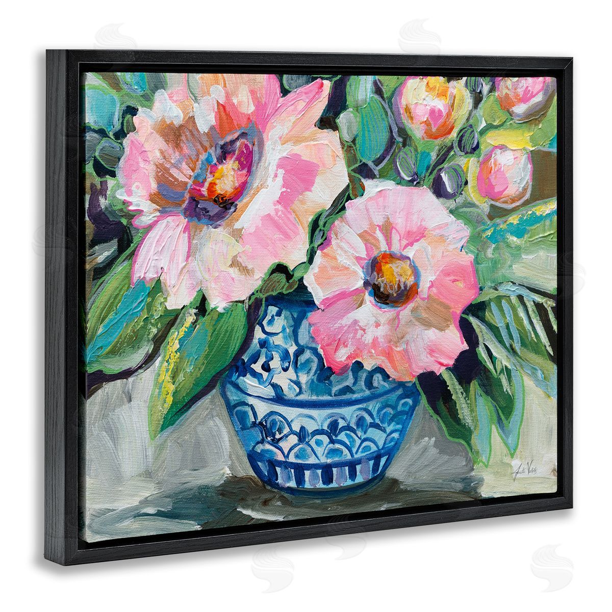 Pink Gerber Daisy Bouquet Black Floating Frame Canvas Wall Art, Home Decor by Jeanette Vertentes