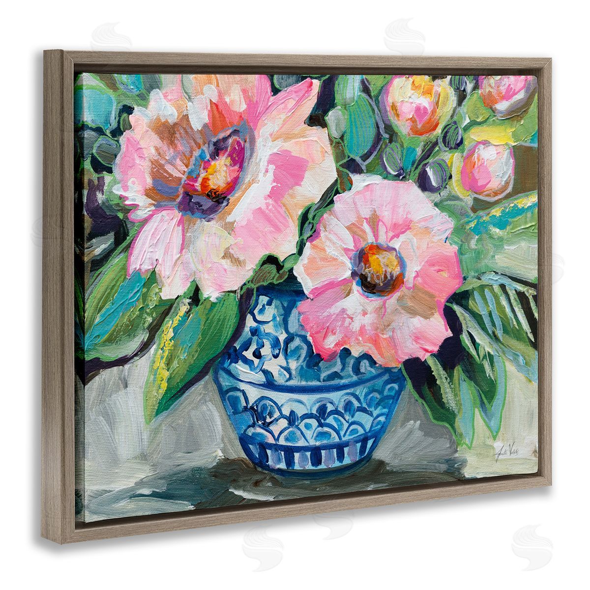 Pink Gerber Daisy Bouquet Brown Floating Frame Canvas Wall Art, Home Decor by Jeanette Vertentes