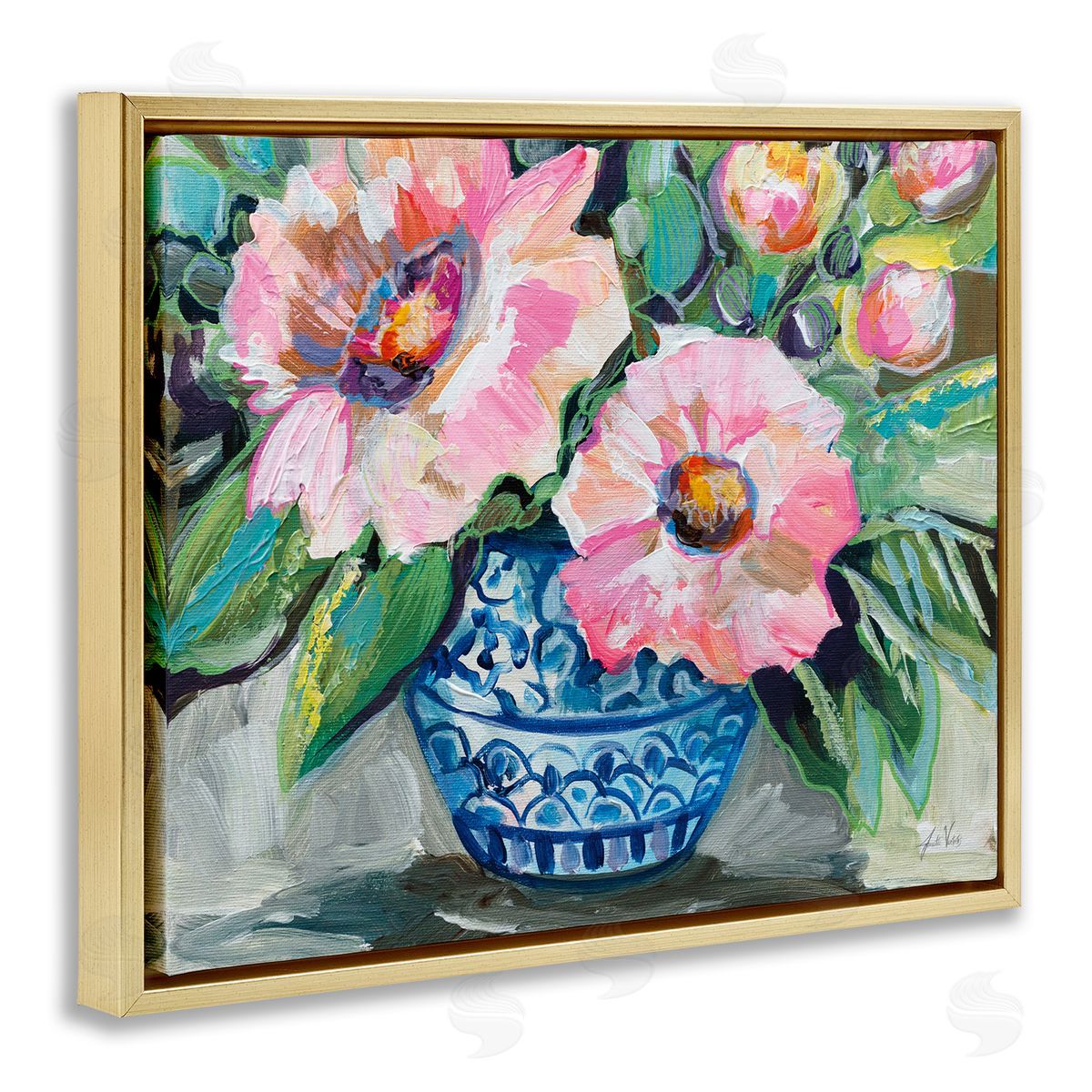 Pink Gerber Daisy Bouquet Gold Floating Frame Canvas Wall Art, Home Decor by Jeanette Vertentes