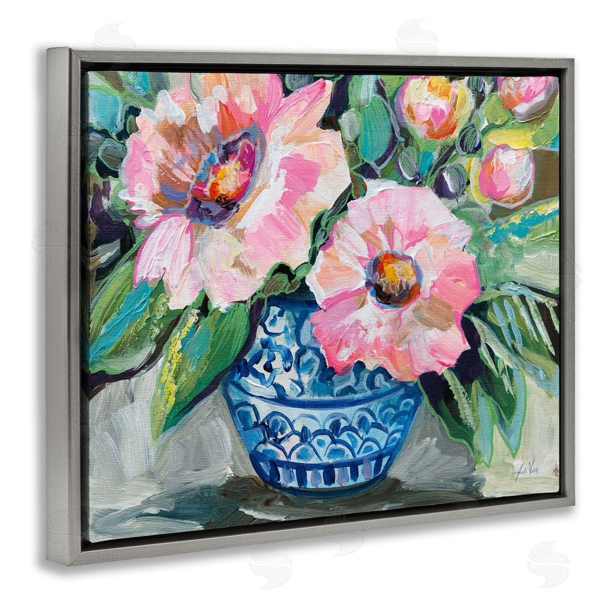 Pink Gerber Daisy Bouquet Grey Floating Frame Canvas Wall Art, Home Decor by Jeanette Vertentes