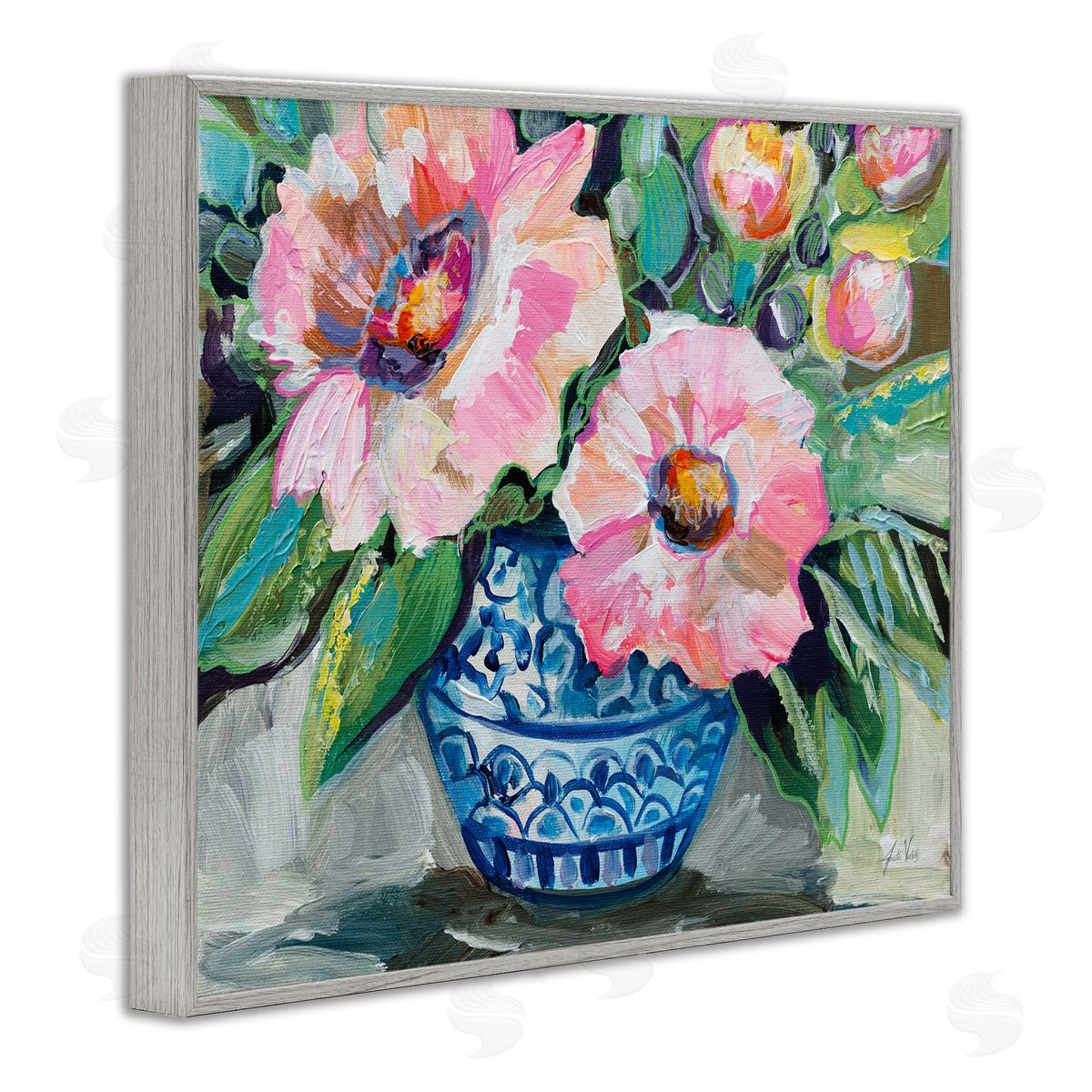 Pink Gerber Daisy Bouquet Grey Frame Print Wall Art, Home Decor by Jeanette Vertentes