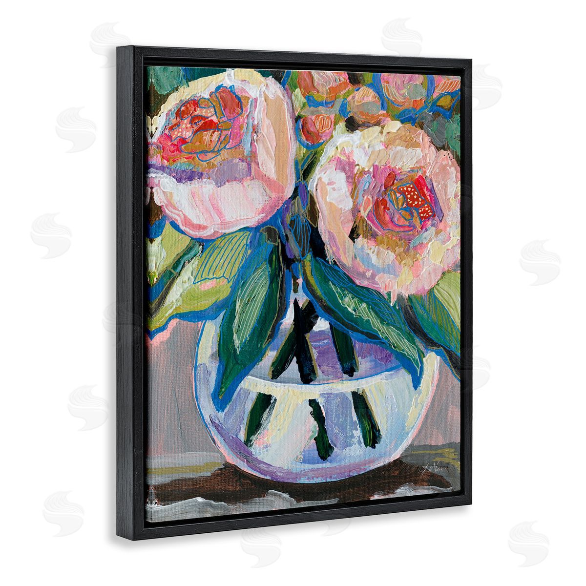 Gifted Pink Peonies Black Floating Frame Canvas Wall Art, Home Decor by Jeanette Vertentes