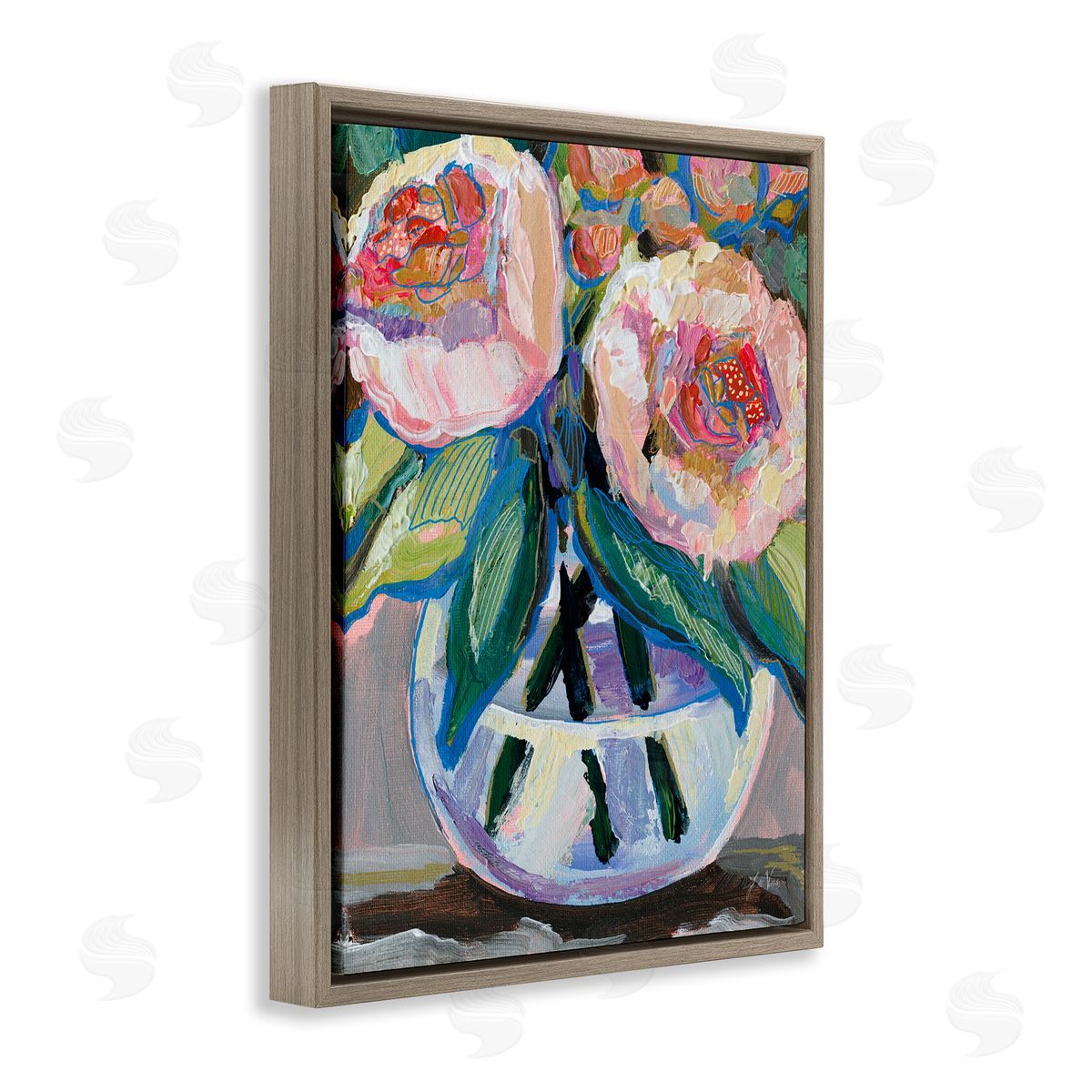 Gifted Pink Peonies Brown Floating Frame Canvas Wall Art, Home Decor by Jeanette Vertentes