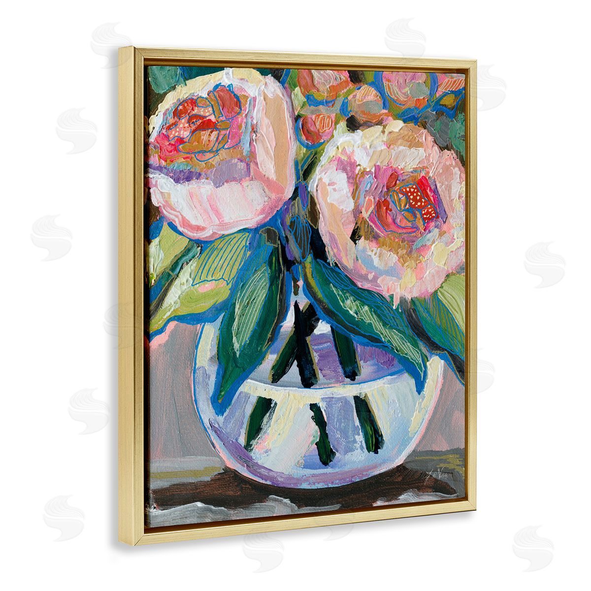 Gifted Pink Peonies Gold Floating Frame Canvas Wall Art, Home Decor by Jeanette Vertentes