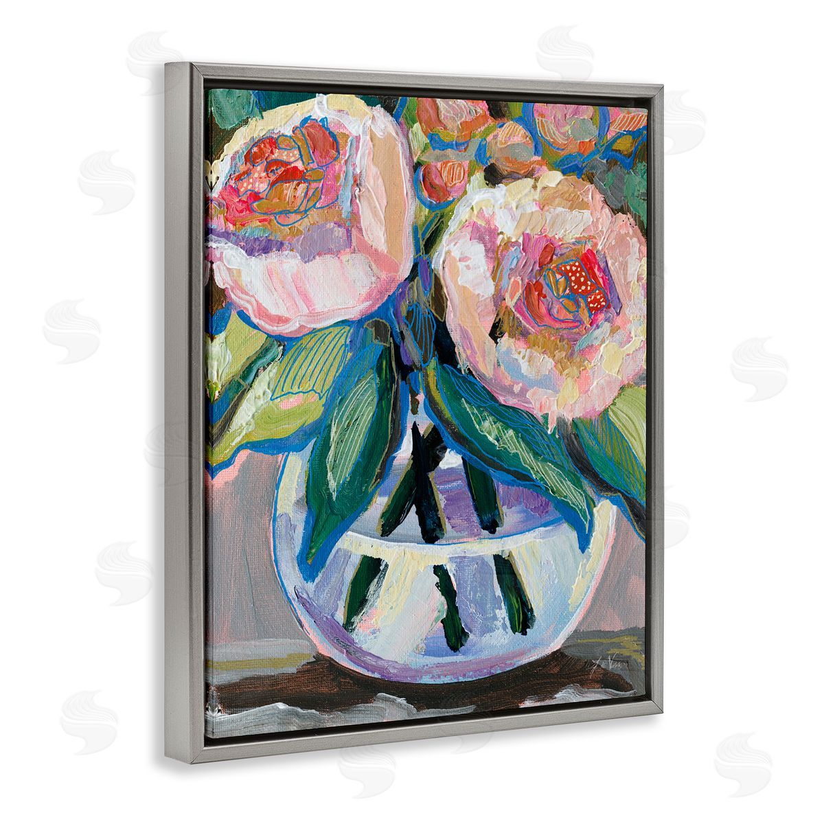 Gifted Pink Peonies Grey Floating Frame Canvas Wall Art, Home Decor by Jeanette Vertentes