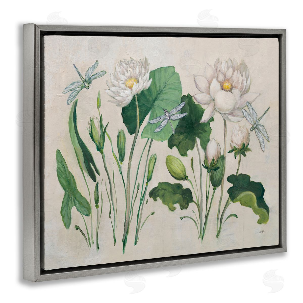 Tranquil Lilies Vintage Grey Floating Frame Canvas Wall Art, Home Decor by Julia Purinton