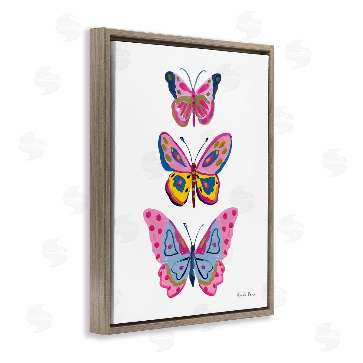 Three Butterfly Trio Brown Floating Frame Canvas Wall Art, Home Decor by Farida Zaman
