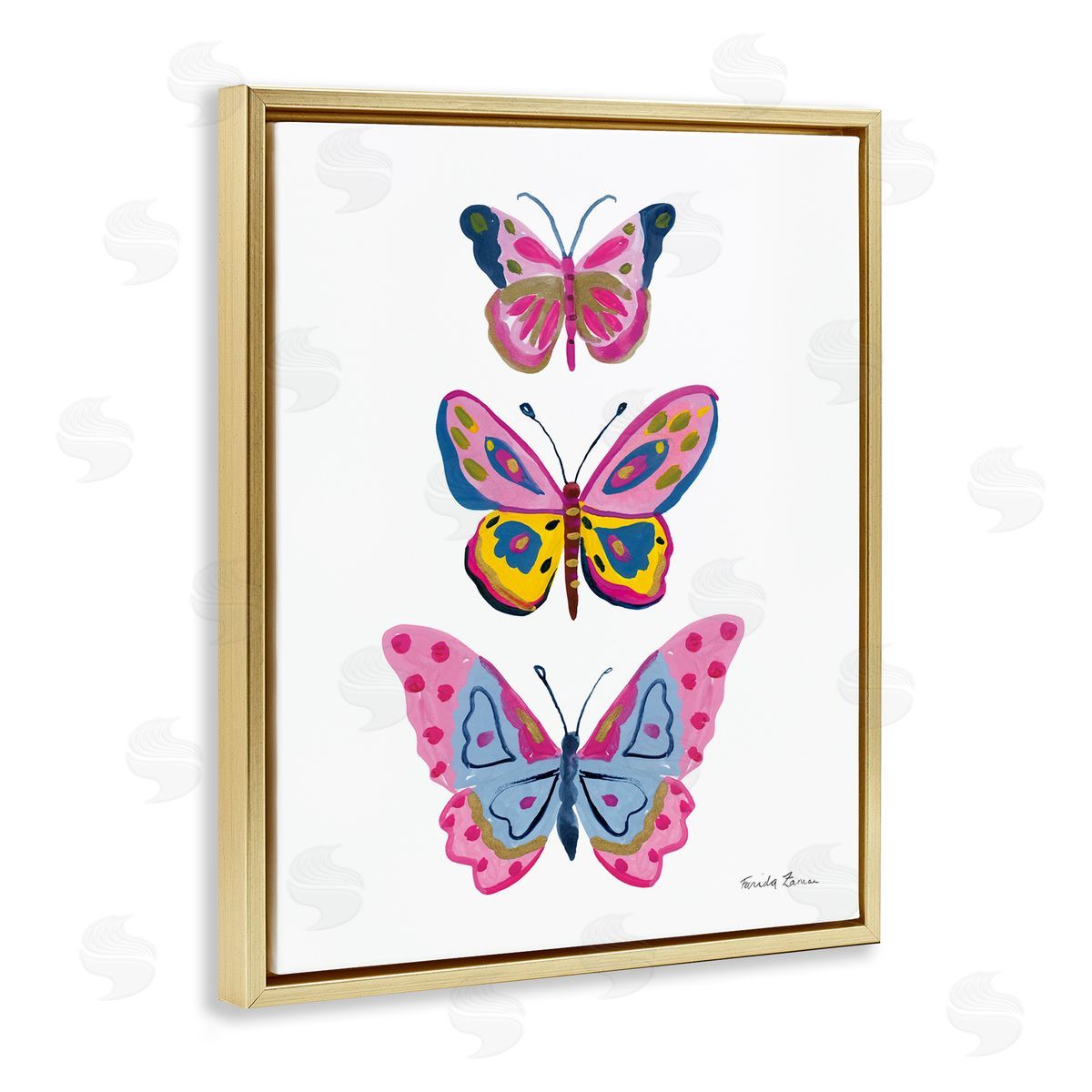 Three Butterfly Trio Gold Floating Frame Canvas Wall Art, Home Decor by Farida Zaman