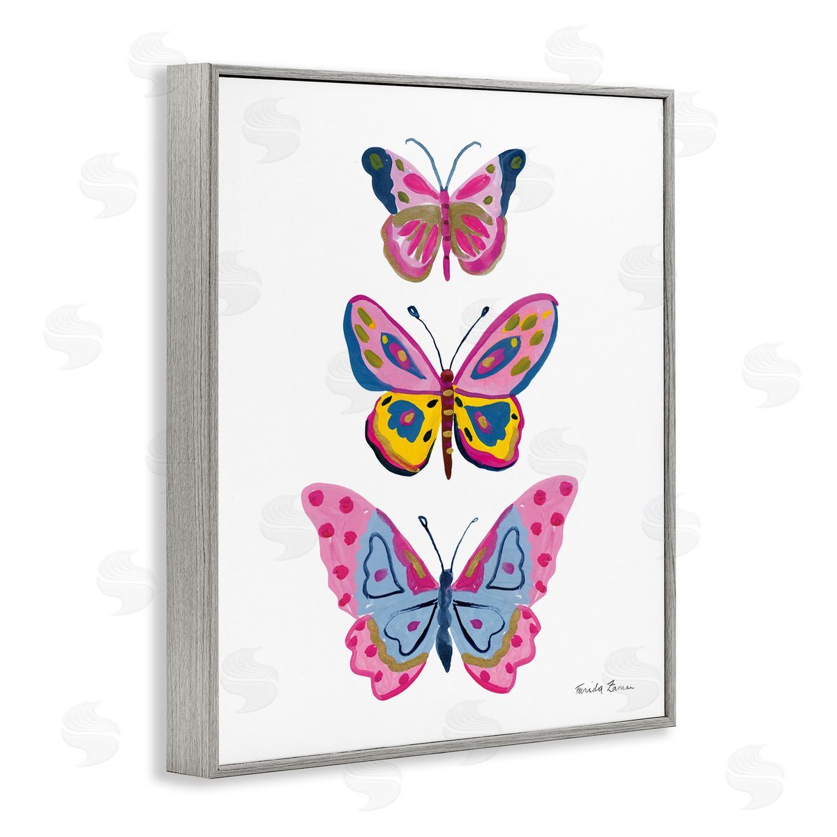Three Butterfly Trio Grey Frame Print Wall Art, Home Decor by Farida Zaman