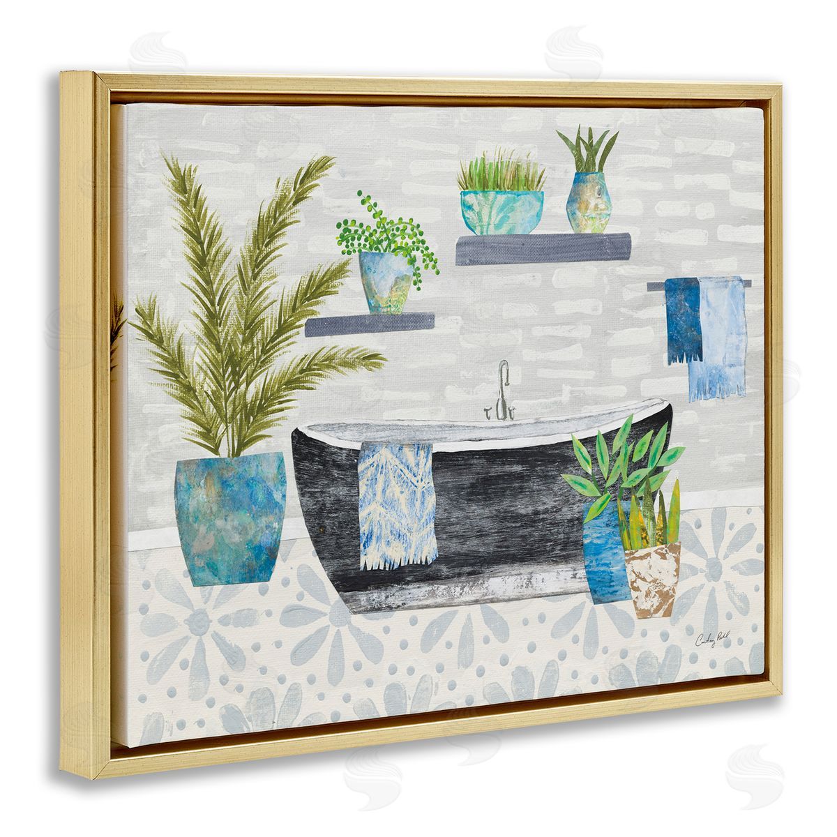 Botanical Bath & Rustic Plants Gold Floating Frame Canvas Wall Art, Home Decor by Courtney Prahl