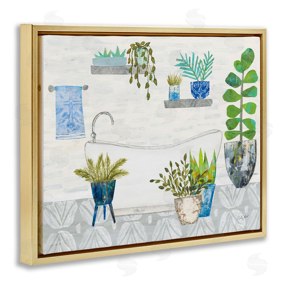 Rustic Botanical Bathroom Gold Floating Frame Canvas Wall Art, Home Decor by Courtney Prahl