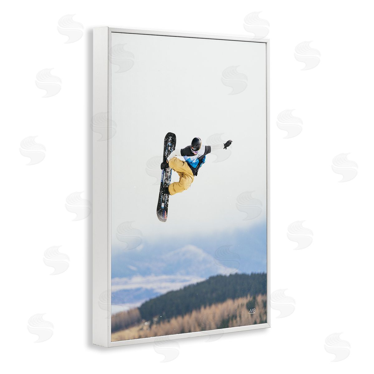Catching Air Snowboarder White Frame Print Wall Art, Home Decor by Max Blakesberg Studios