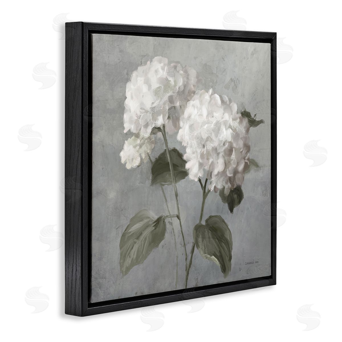 White Hydrangeas Pair Black Floating Frame Canvas Wall Art, Home Decor by Danhui Nai