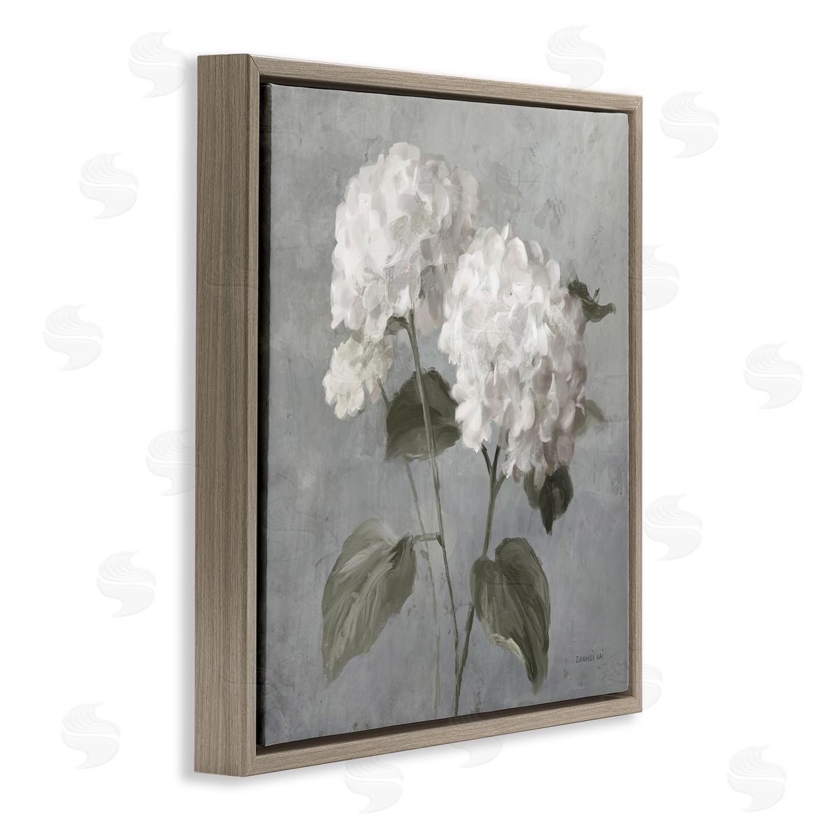 White Hydrangeas Pair Brown Floating Frame Canvas Wall Art, Home Decor by Danhui Nai