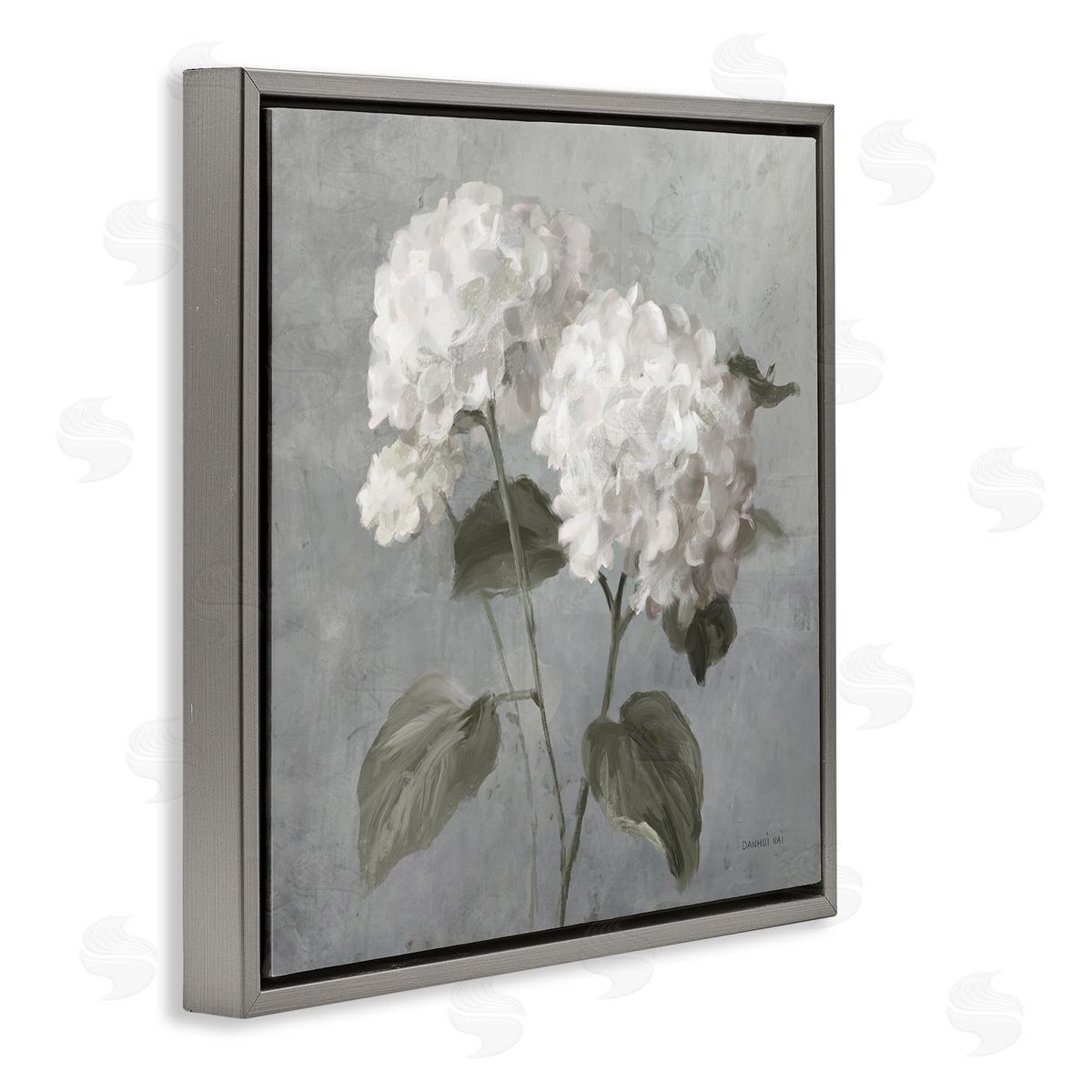 White Hydrangeas Pair Grey Floating Frame Canvas Wall Art, Home Decor by Danhui Nai