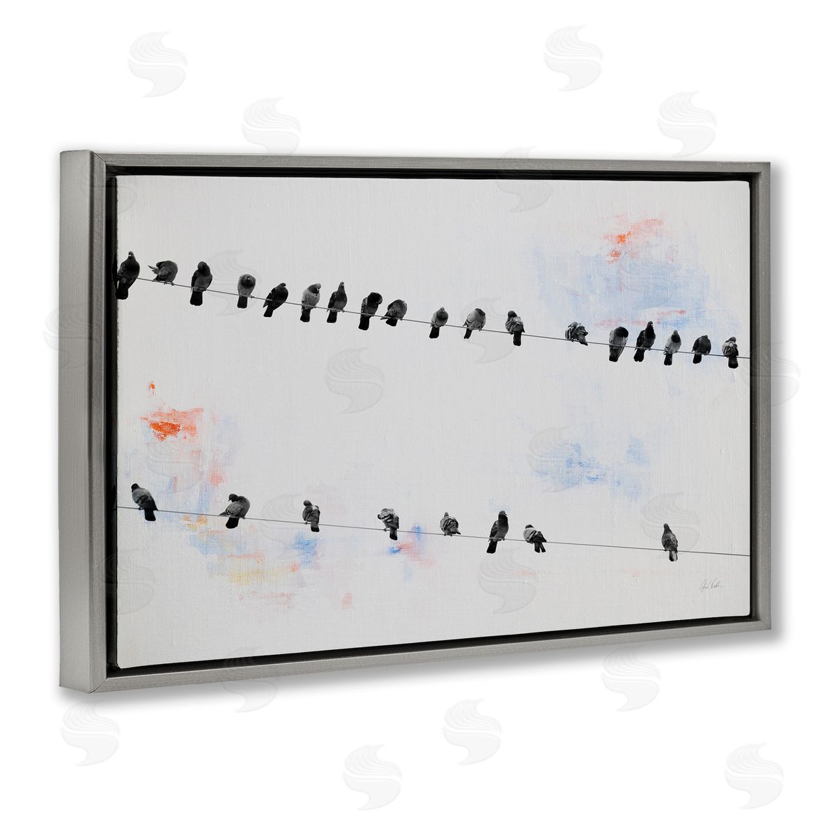 Migrating Birds on Wire Grey Floating Frame Canvas Wall Art, Home Decor by Deborah Revell