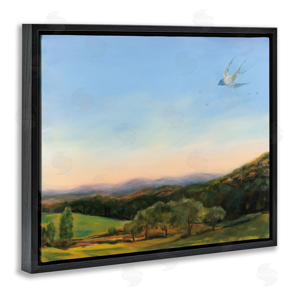 Bird Over Fable Farm Black Floating Frame Canvas Wall Art, Home Decor by Sue Schlabach
