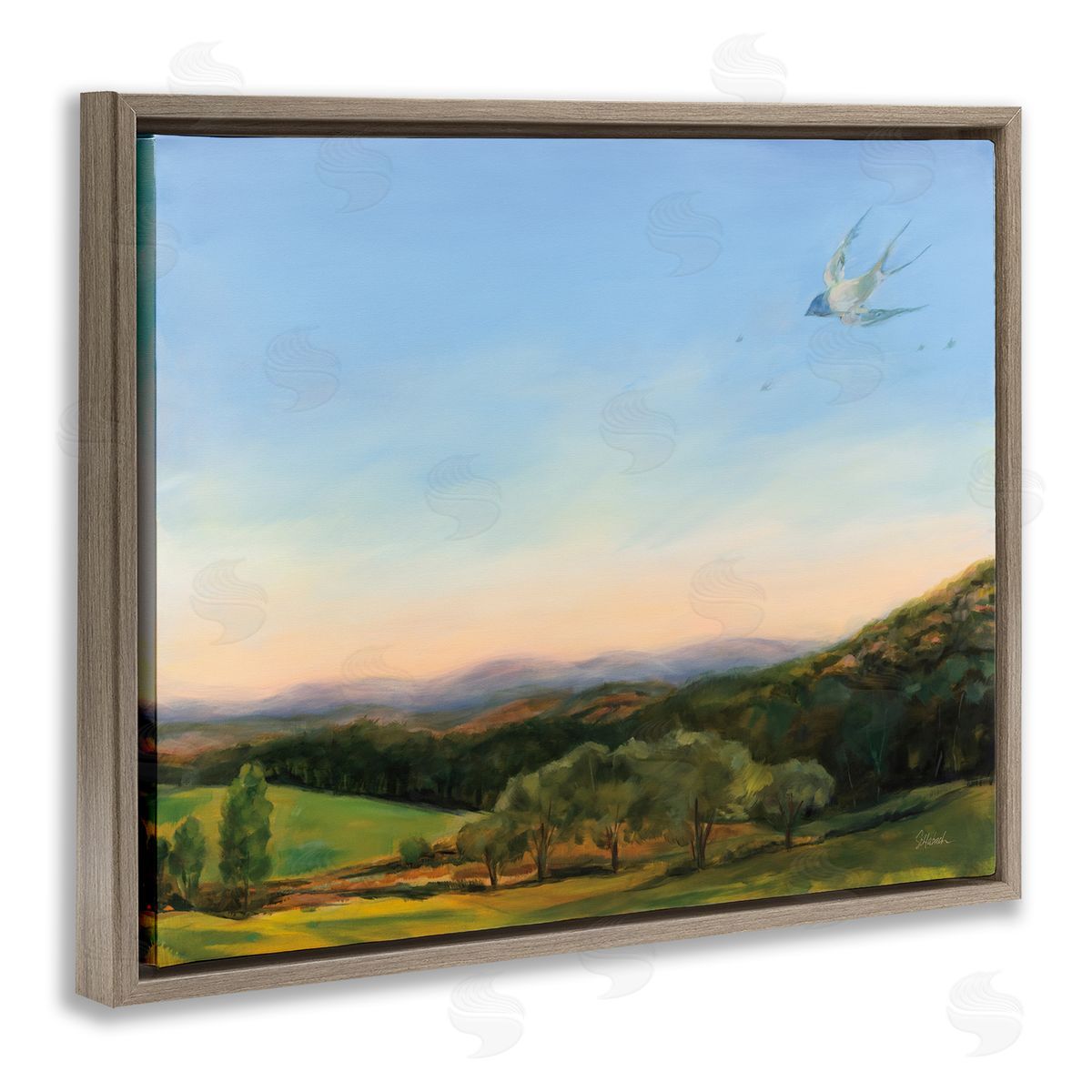 Bird Over Fable Farm Brown Floating Frame Canvas Wall Art, Home Decor by Sue Schlabach