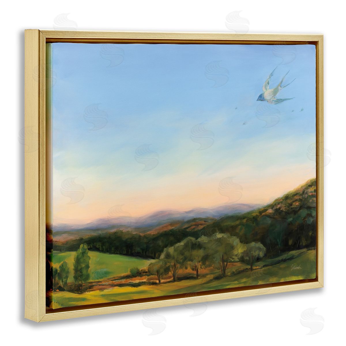 Bird Over Fable Farm Gold Floating Frame Canvas Wall Art, Home Decor by Sue Schlabach