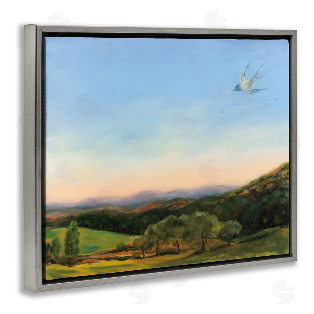 Bird Over Fable Farm Grey Floating Frame Canvas Wall Art, Home Decor by Sue Schlabach