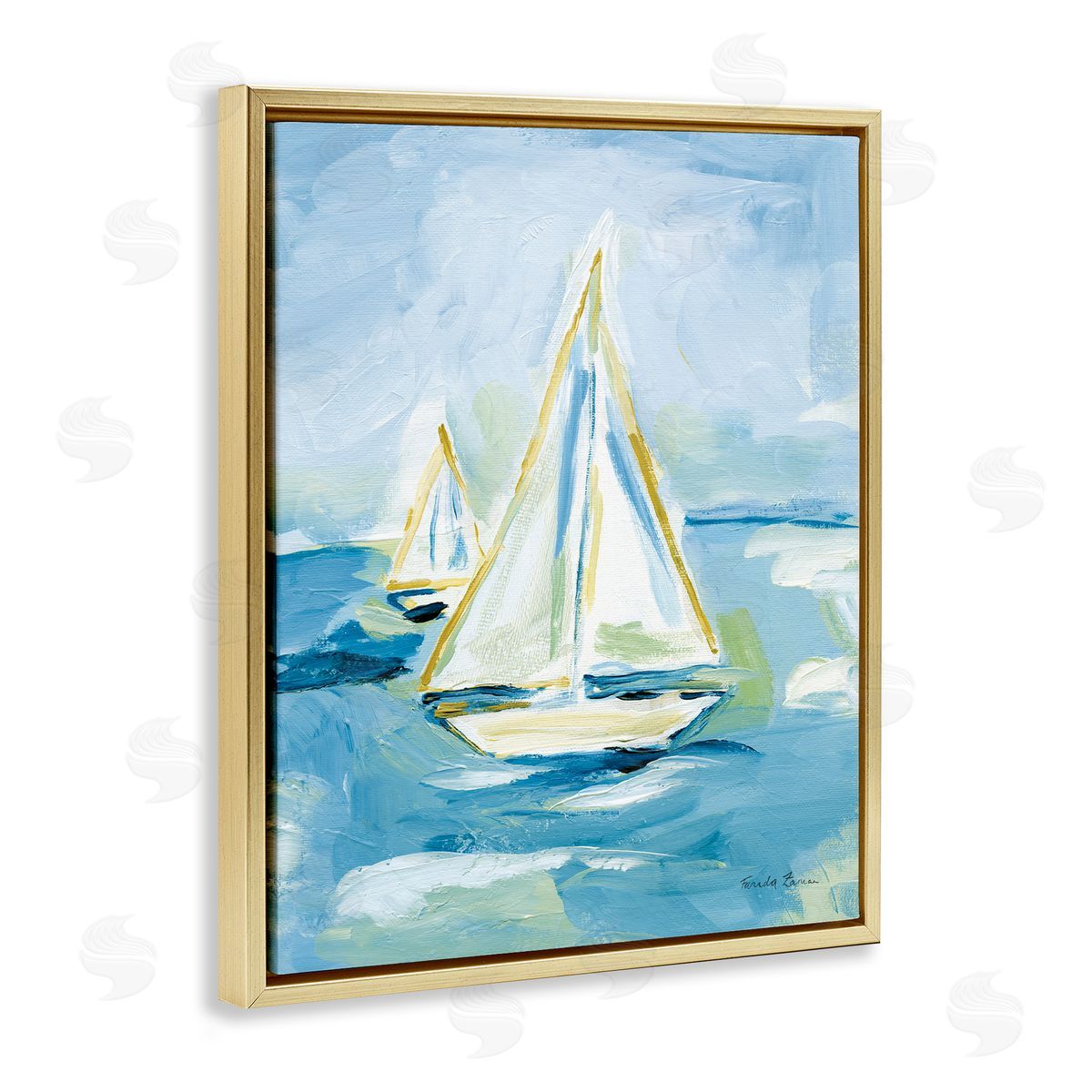 Setting Sail on Sea Gold Floating Frame Canvas Wall Art, Home Decor by Farida Zaman