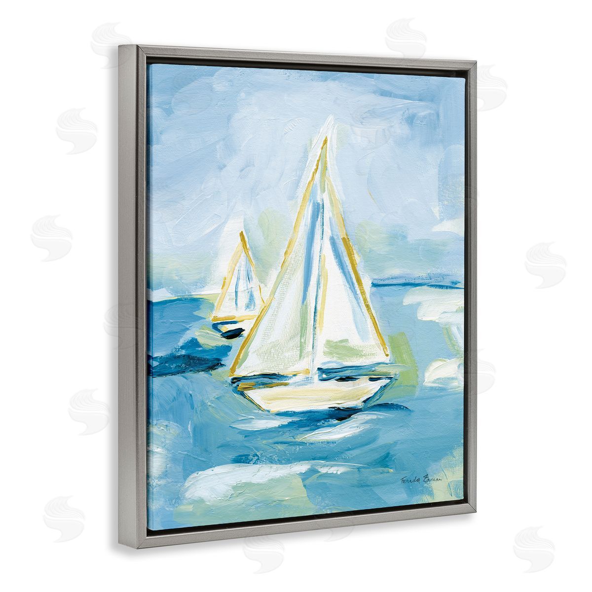 Setting Sail on Sea Grey Floating Frame Canvas Wall Art, Home Decor by Farida Zaman