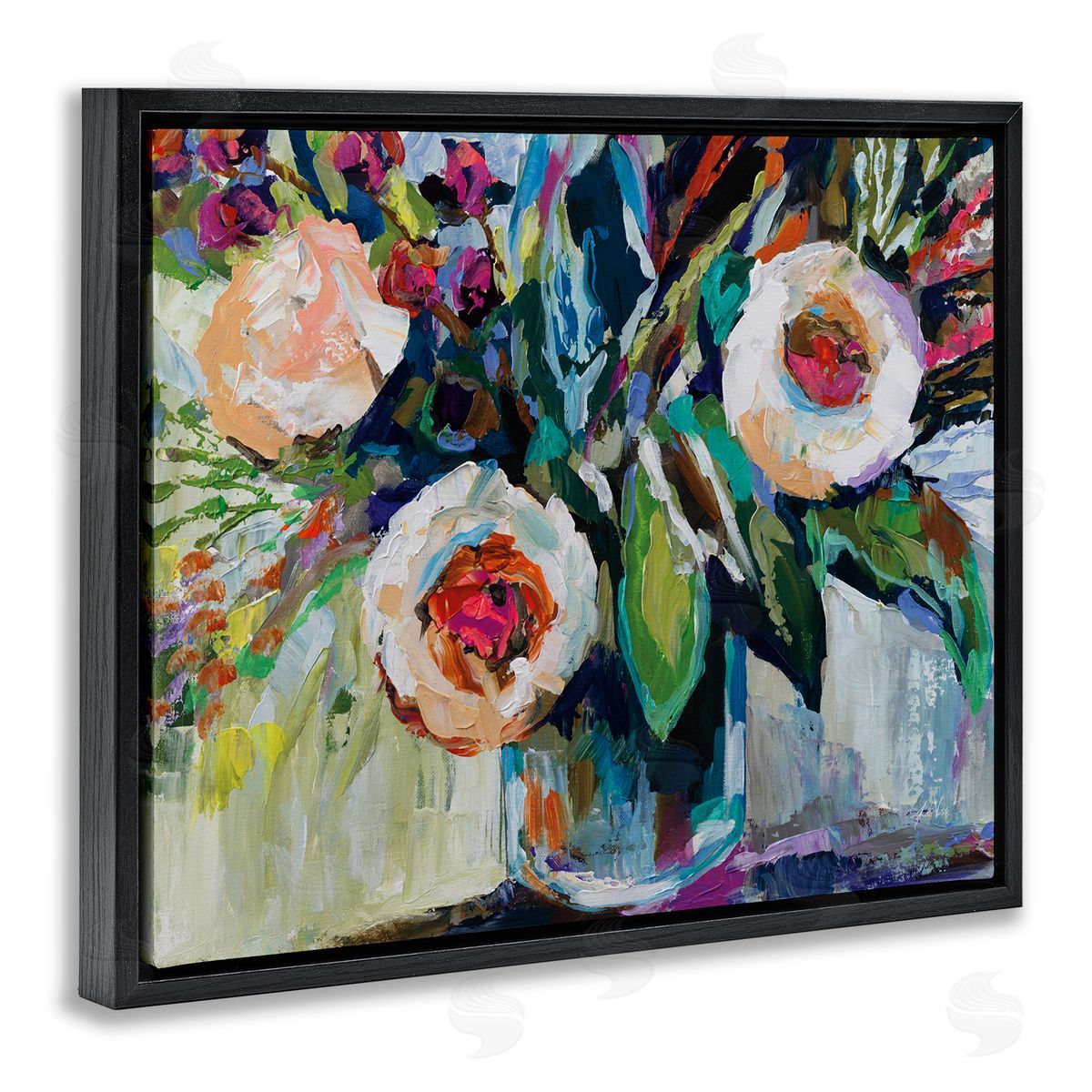 Modern Fiesta Flowers Black Floating Frame Canvas Wall Art, Home Decor by Jeanette Vertentes