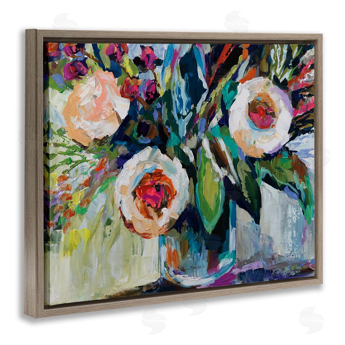 Modern Fiesta Flowers Brown Floating Frame Canvas Wall Art, Home Decor by Jeanette Vertentes