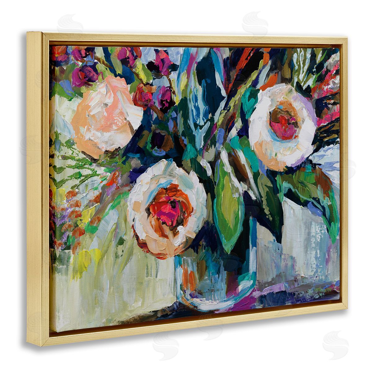 Modern Fiesta Flowers Gold Floating Frame Canvas Wall Art, Home Decor by Jeanette Vertentes