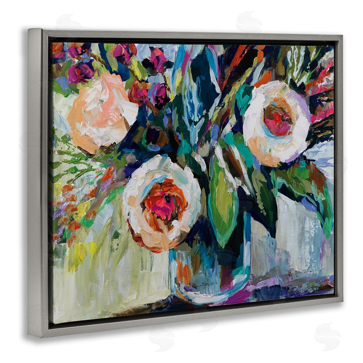 Modern Fiesta Flowers Grey Floating Frame Canvas Wall Art, Home Decor by Jeanette Vertentes