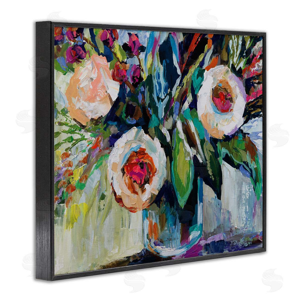 Modern Fiesta Flowers Black Frame Print Wall Art, Home Decor by Jeanette Vertentes