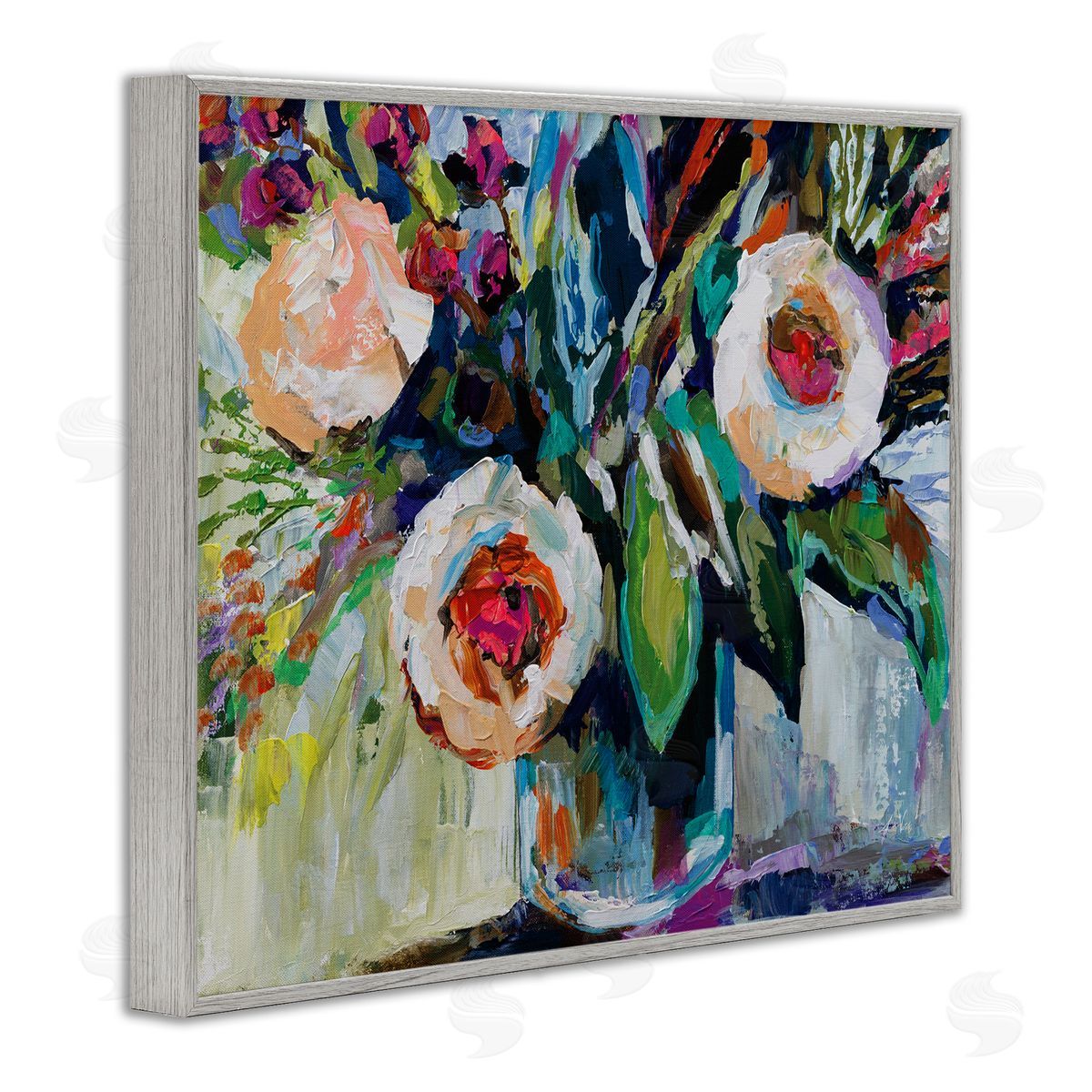 Modern Fiesta Flowers Grey Frame Print Wall Art, Home Decor by Jeanette Vertentes