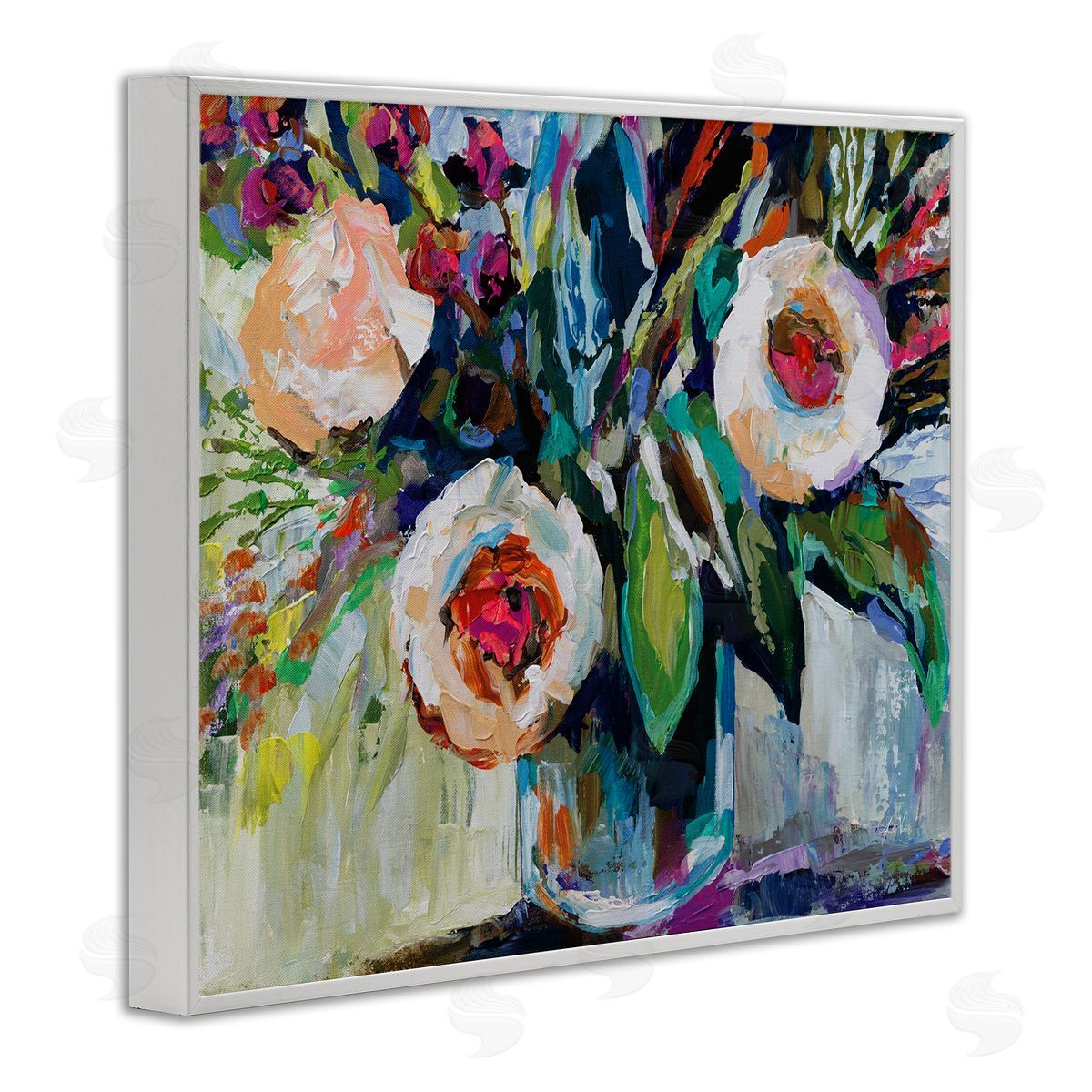 Modern Fiesta Flowers White Frame Print Wall Art, Home Decor by Jeanette Vertentes