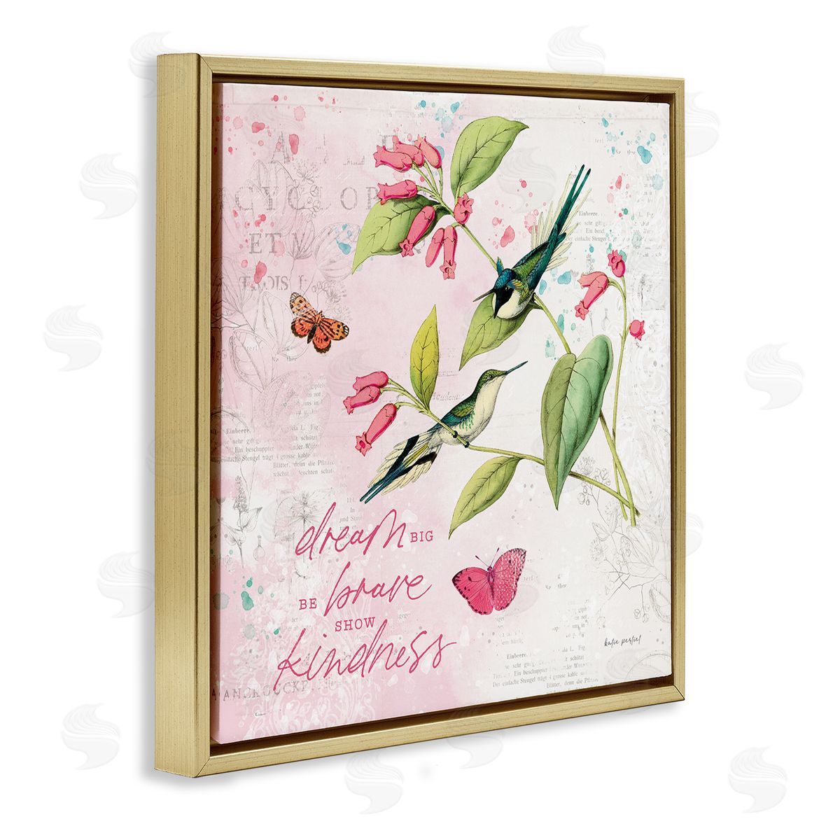 Dream Big Birds & Florals Gold Floating Frame Canvas Wall Art, Home Decor by Katie Pertiet