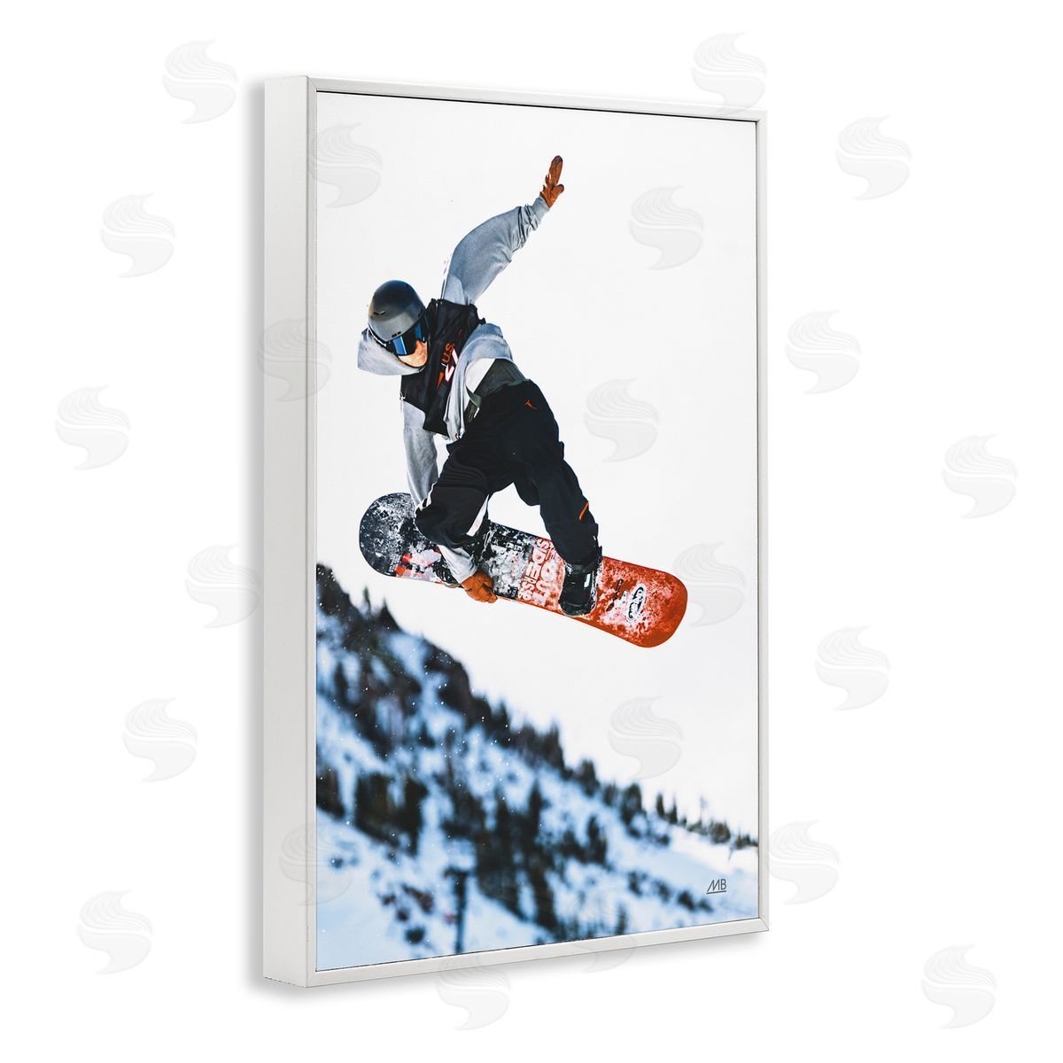 Winter Snowboard Jumps White Frame Print Wall Art, Home Decor by Max Blakesberg Studios