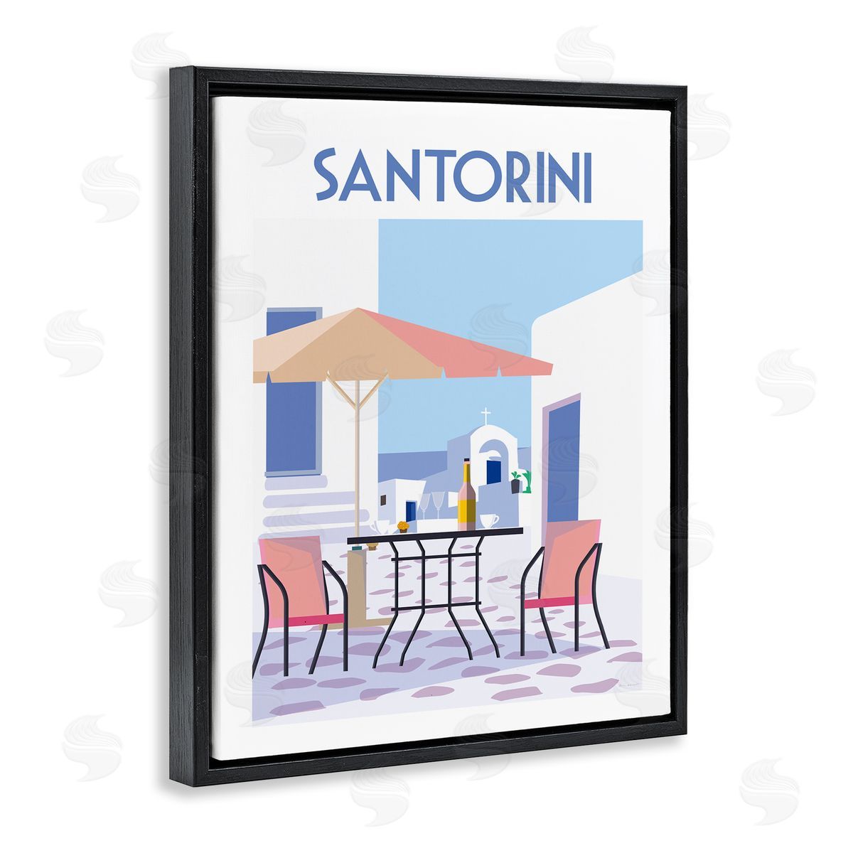 Santorini Bistro Poster Black Floating Frame Canvas Wall Art, Home Decor by Omar Escalante