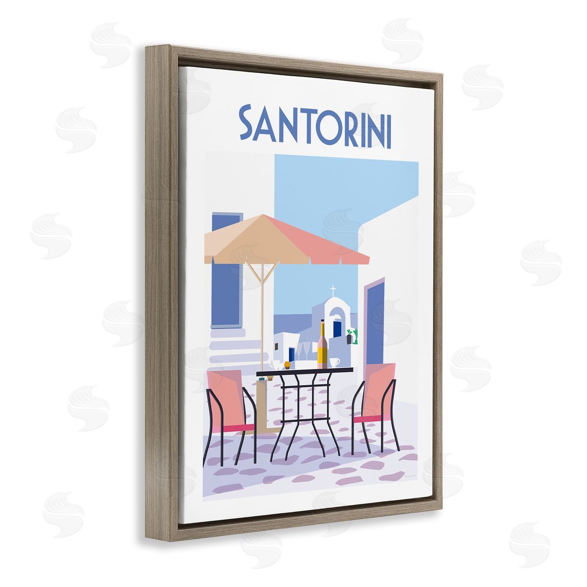 Santorini Bistro Poster Brown Floating Frame Canvas Wall Art, Home Decor by Omar Escalante