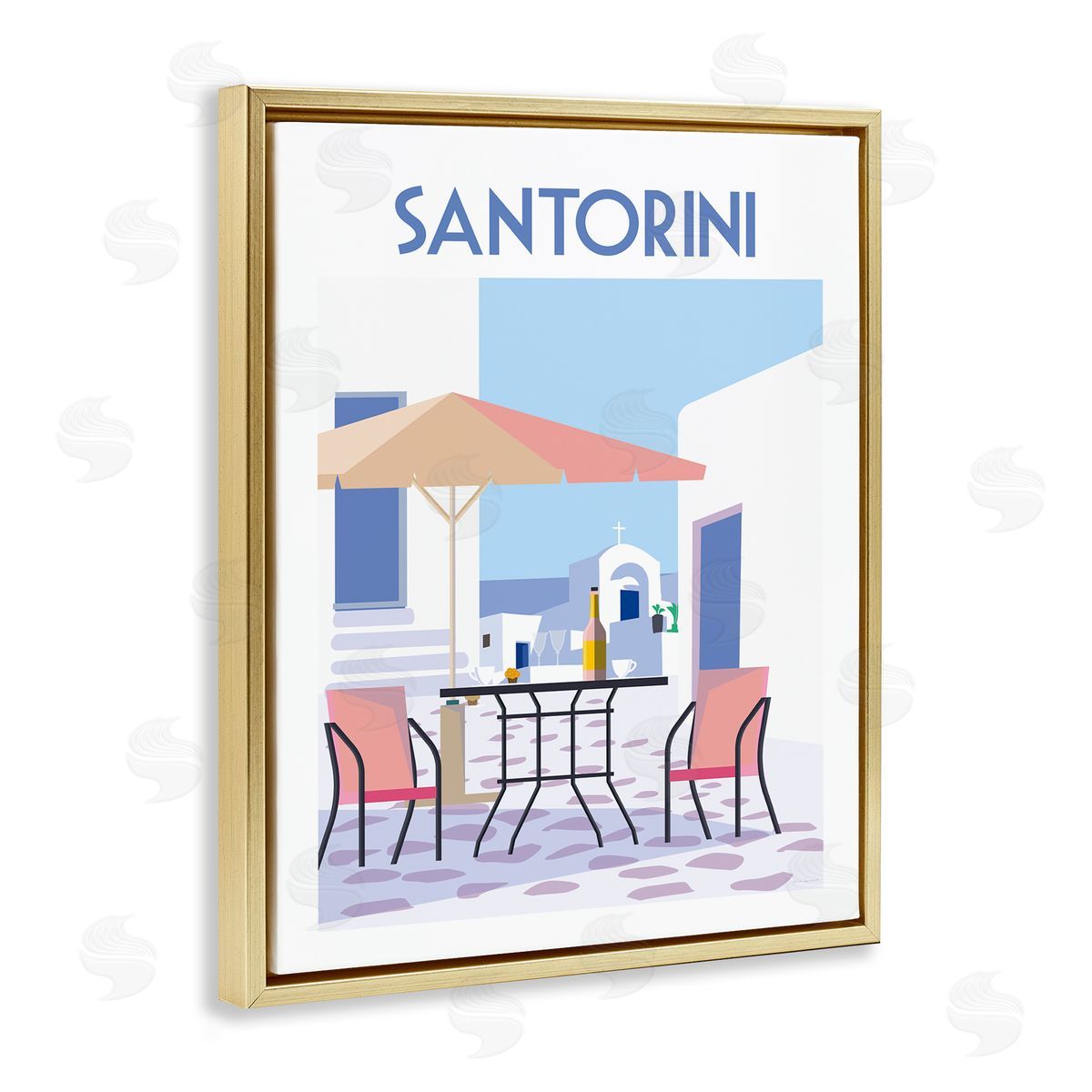 Santorini Bistro Poster Gold Floating Frame Canvas Wall Art, Home Decor by Omar Escalante