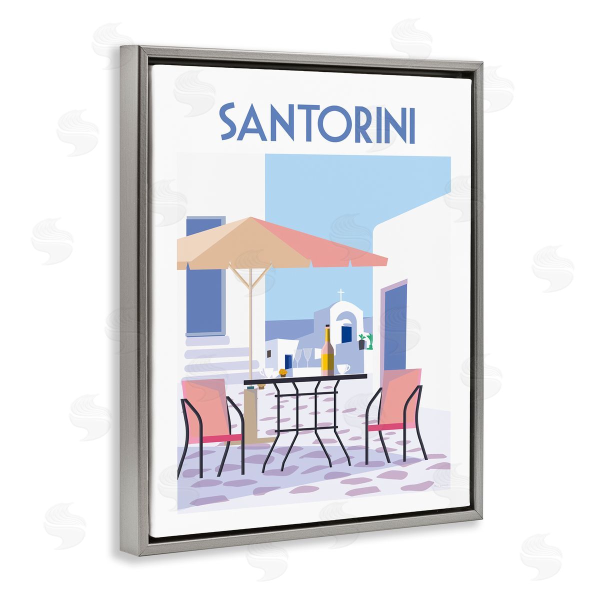 Santorini Bistro Poster Grey Floating Frame Canvas Wall Art, Home Decor by Omar Escalante