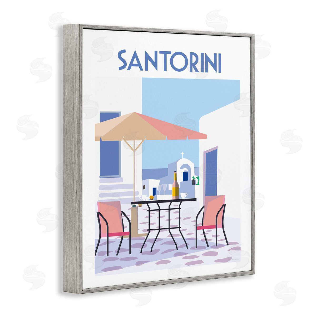 Santorini Bistro Poster Grey Frame Print Wall Art, Home Decor by Omar Escalante