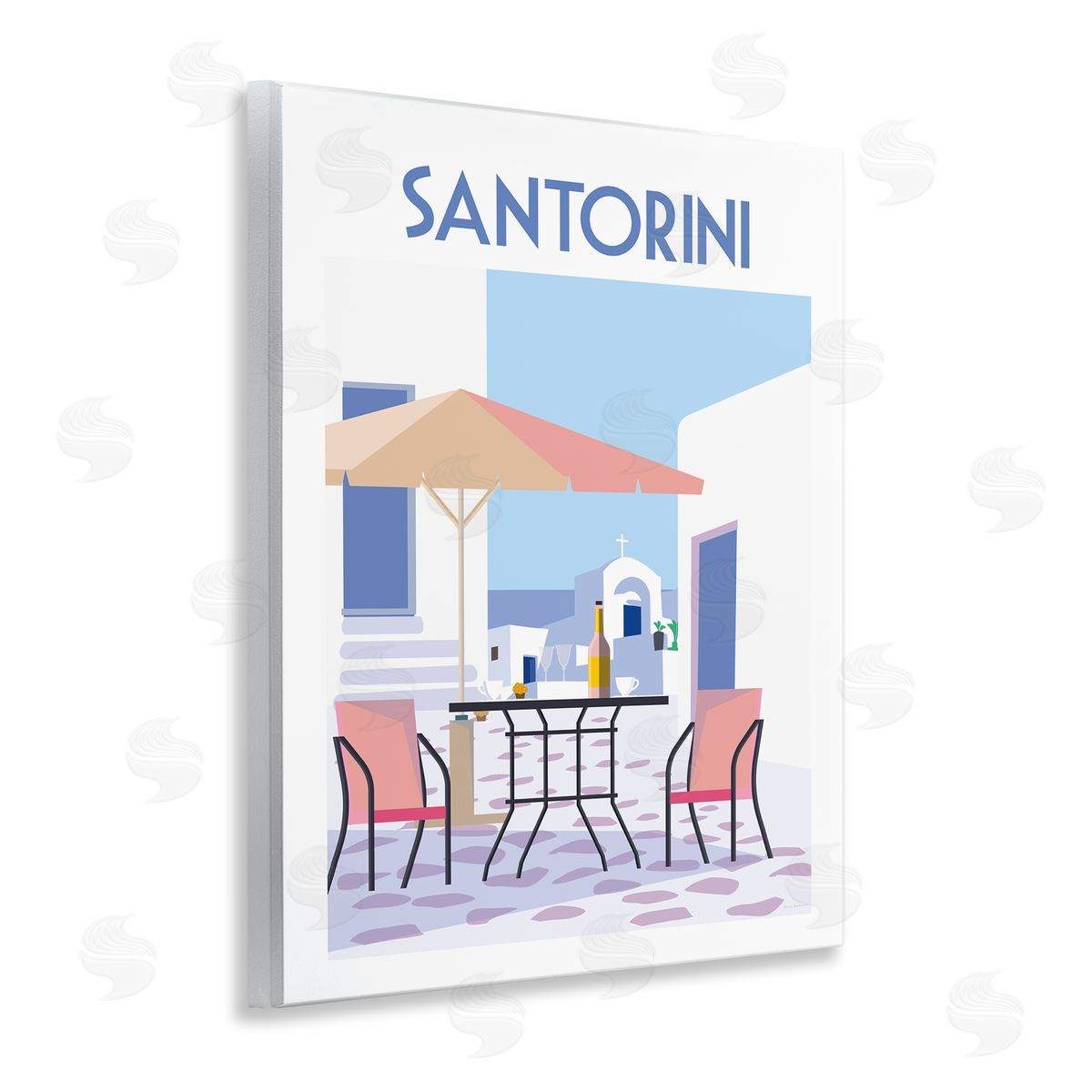 Santorini Bistro Poster Wood Plaque Wall Art, Home Decor by Omar Escalante