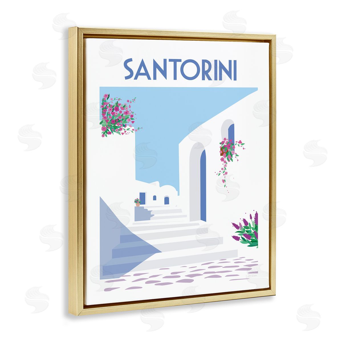 Santorini White Architecture Gold Floating Frame Canvas Wall Art, Home Decor by Omar Escalante