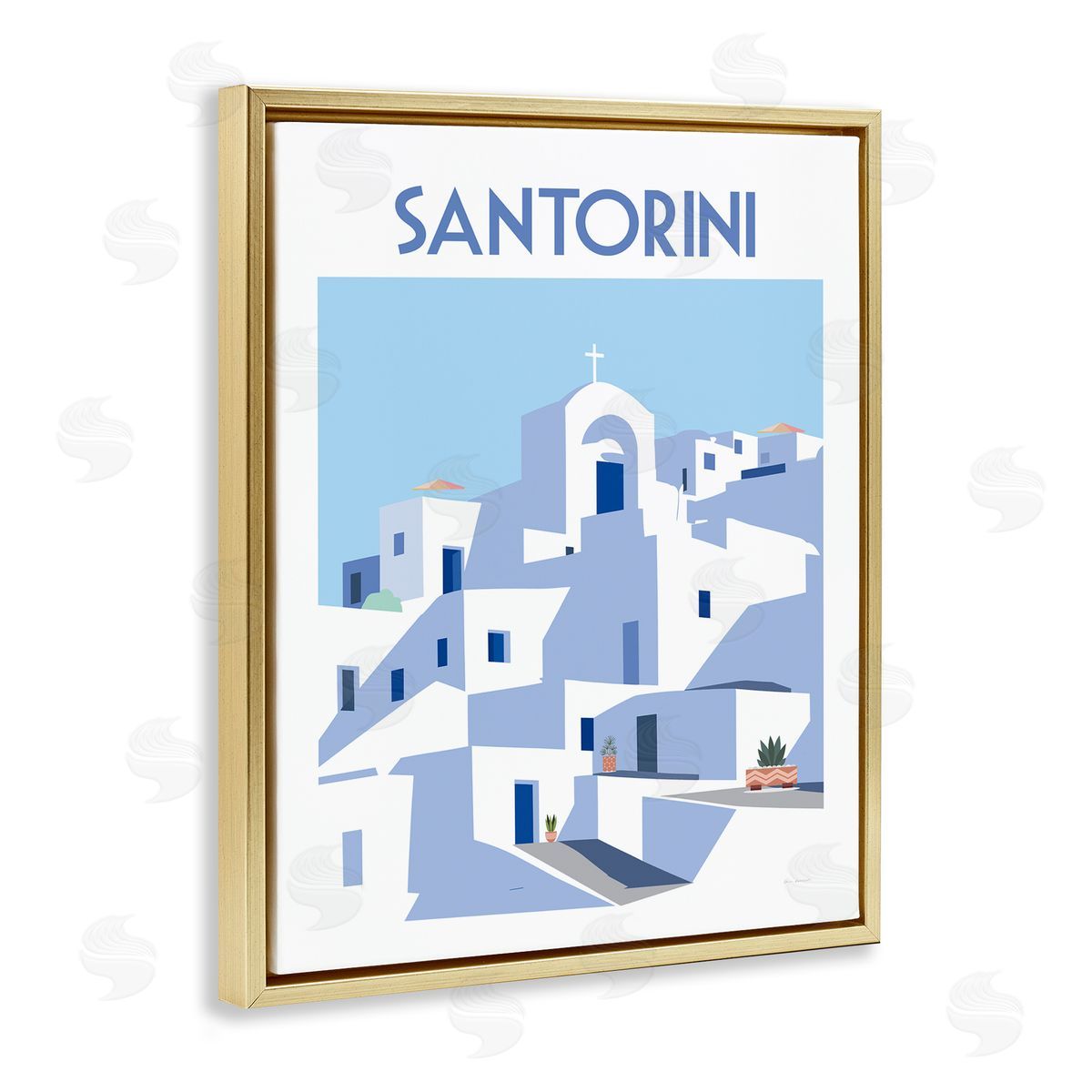 Santorini City Architecture Gold Floating Frame Canvas Wall Art, Home Decor by Omar Escalante
