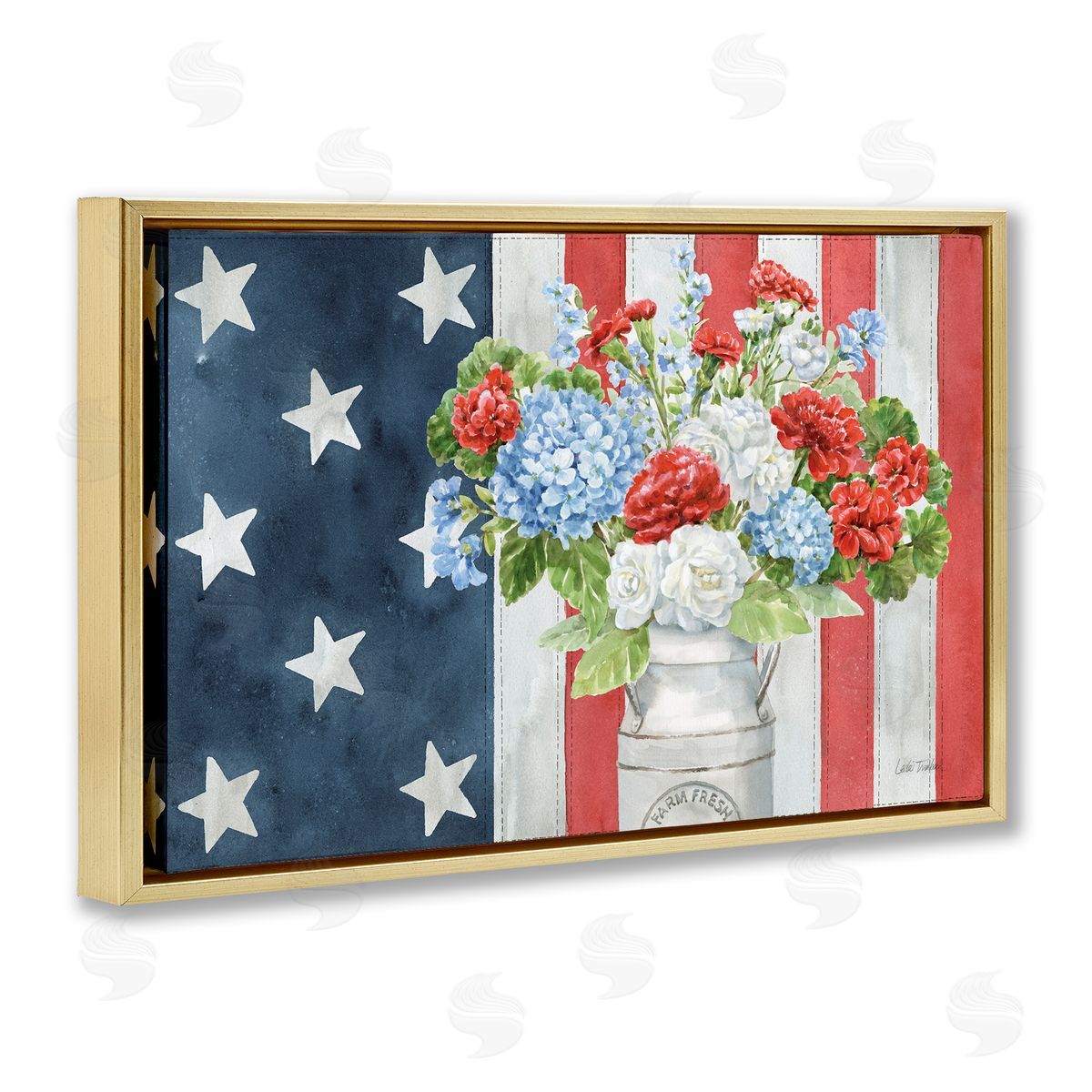 American Flag Bouquet Gold Floating Frame Canvas Wall Art, Home Decor by Leslie Trimbach