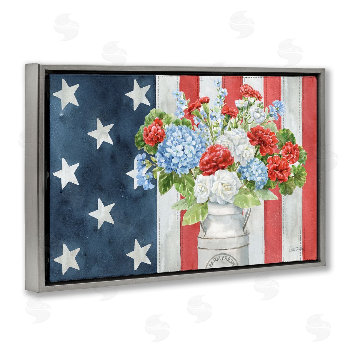 American Flag Bouquet Grey Floating Frame Canvas Wall Art, Home Decor by Leslie Trimbach