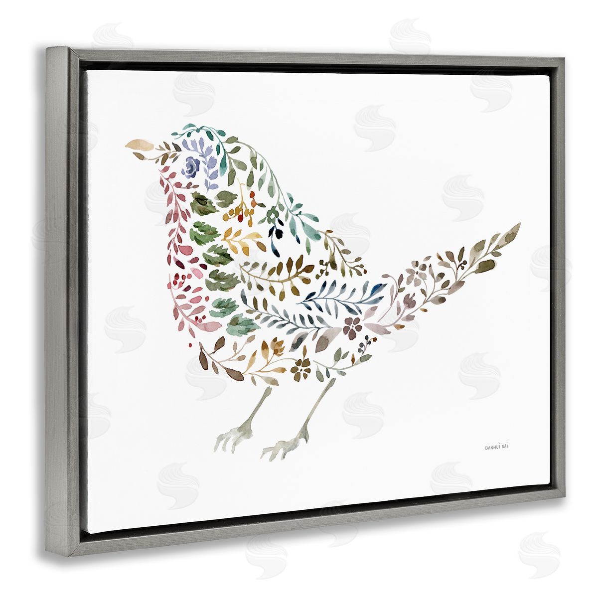Floral Nature Bird Grey Floating Frame Canvas Wall Art, Home Decor by Danhui Nai