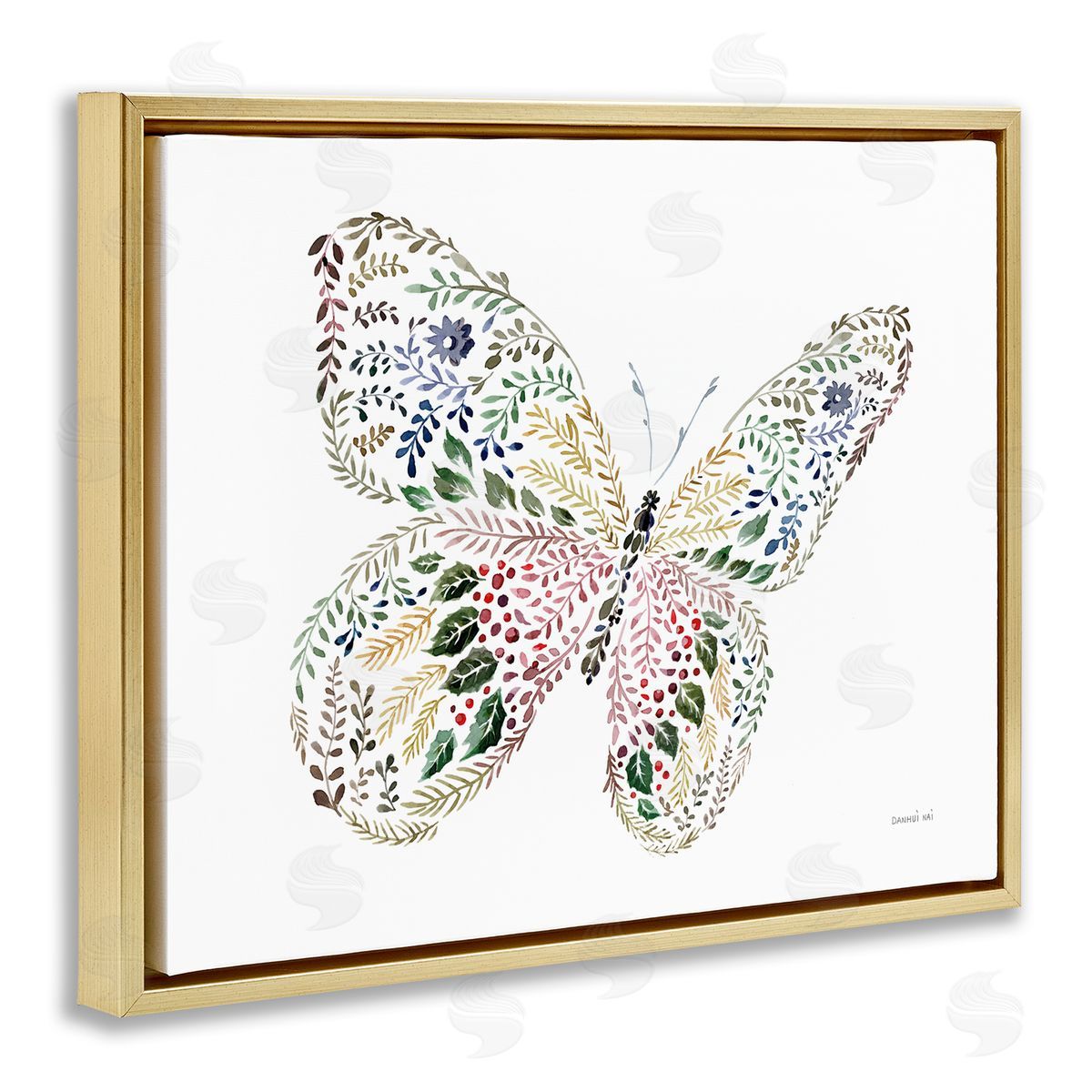 Floral Nature Butterfly Gold Floating Frame Canvas Wall Art, Home Decor by Danhui Nai