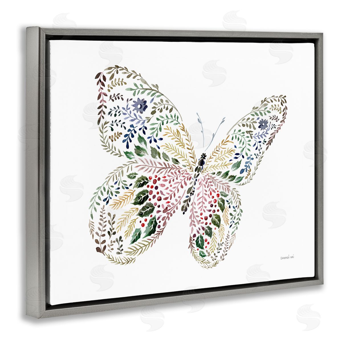 Floral Nature Butterfly Grey Floating Frame Canvas Wall Art, Home Decor by Danhui Nai